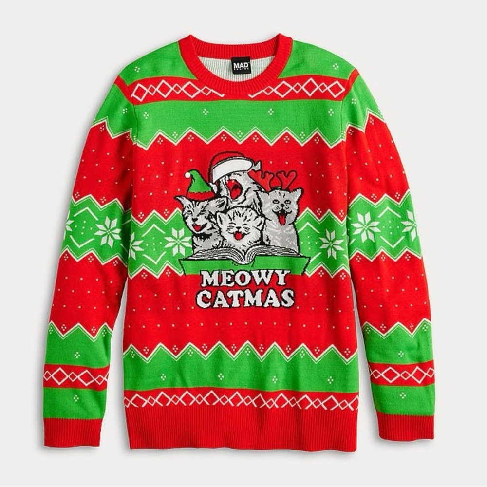 EUC Mad Engine Festive Red and Green Cat Christmas Sweater